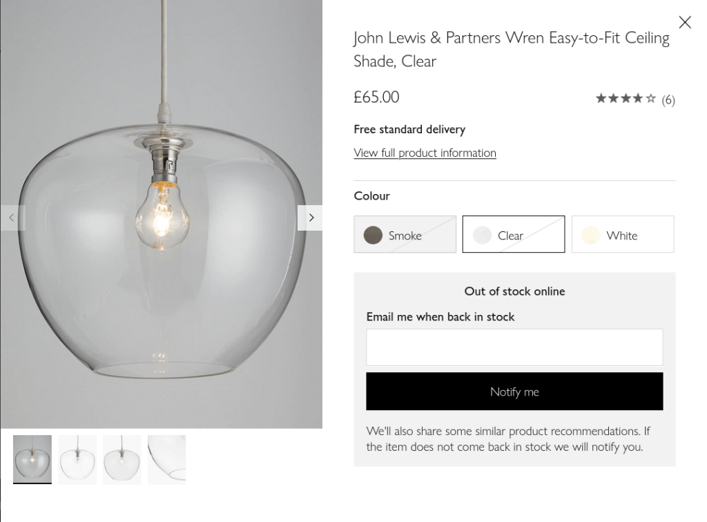 A screenshot from the John Lewis website where you can buy a "clear shade"