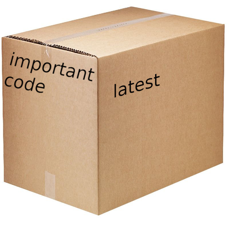 a cardboard box. On one side it says 'important code'. On another side it says 'latest'