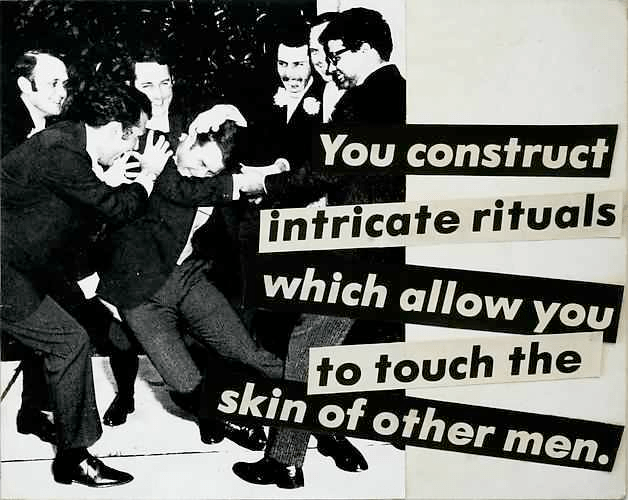 a black and white collage of men in evening dress. They are in a semi-circle around another man, whom they grasp and tug at. Everyone is smiling and full of joy. Overlaid are the words 'You consutrct intricate rituals which allow you to touch the skin of other men'