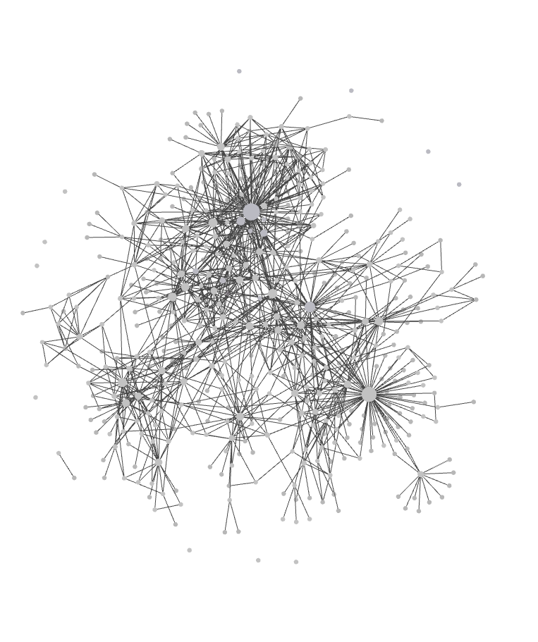 A messy graph of nodes and lines. The nodes are of differing sizes, and everything is interlinked in a web